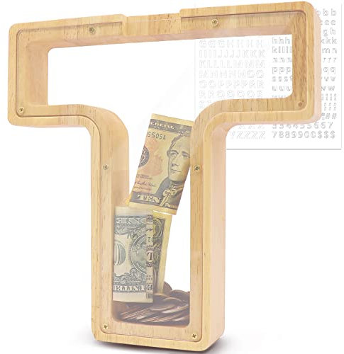 DBPBToU Spardose aus Holz Buchstaben, Groß Durchsichtig Sparschwein für Kinder, 23 * 4 * 23cm Große Personalisierte Sparbox, Lustige Piggy Bank für Geburtstag Geschenk/Heimdekoration/Keepsake (T)