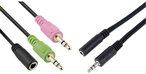 mumbi Headset Klinken Adapterkabel 2X 3,5mm auf 1x Klinkenkupplung & PremiumCord Verlängerung Klinkenkabel 3,5mm, Länge 2m, Klinke 3,5mm, Stecker auf Buchse, schwarz
