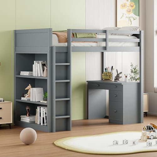 WIZBED Hochbett 90x200 mit Schreibtisch und Kommode, Etagenbett Tisch mit 4 Schubladen, Kinderbetten Stauraumbett für Kinder, Funktionsbett Stockbett Jugendbett, Grau ohne Matratze