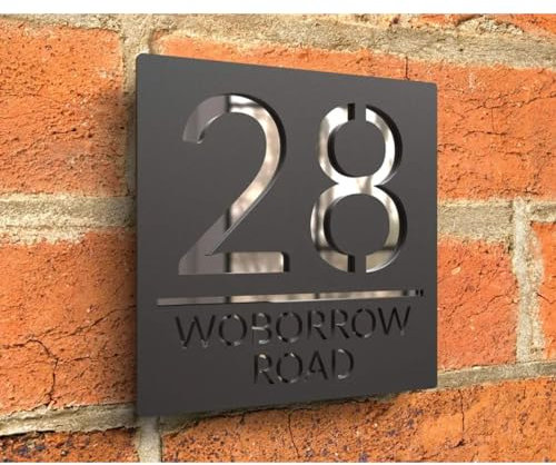 Letrero de acrílico personalizado con números de casa modernos para exteriores, placa de dirección de casa, cortada con láser, 3D, números decorativos de casa (negro plateado, 20 x 20 cm)