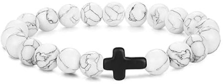 8mm Naturstein Perlen Armband Schwarzes Kreuz Charm Armband Weiß Türkisfarbenes Perlen ArmbandTrendige Runde Perlen Unisex Stretch Armband für Damen und Herren Sommer