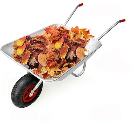 Crystals 65L Heavy Duty Galvanised Steel Wheelbarrow with Pneumatic Tyre & 11-Piece Gardening Tools Set with Tote Bag, Rust-Proof Tools, Gloves, Knee Pads – Garden Gift (Wheelbarrow Only)
