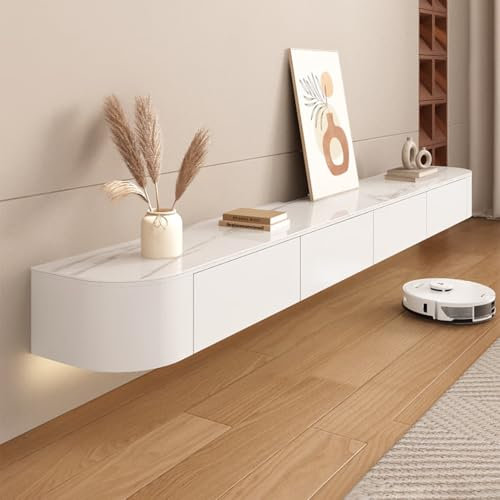 Ribanedy Mobile TV Sospeso Moderno a Parete in Legno Massello con Contenitore, Consola Multimediale per Soggiorno e Camera da Letto (Texture + Bianco, 140 cm)