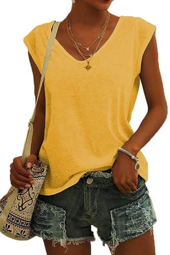 ASKSA Women's V-Neck T-Shirt Plain Long Sleeve Shirts Tops Casual Loose Shirts Basic Shirt Tee Tops, yellow, M