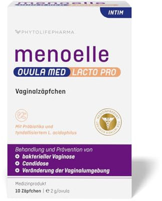menoelle® OVULA med Lacto Pro. Bei bakterieller Vaginose, Scheidenpilz, entzündeter Schleimhaut und Scheidentrockenheit. Mit Milchsäure, Probiotika & Pflegekomplex. Hormonfrei. 10 Zäpfchen.