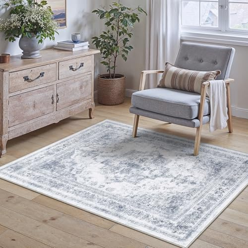 HUGEAR Blau Vintage Teppich Wohnzimmer 90x150cm Waschbar | Waschbarer Retro Teppich,Weich,Rutschfest Kurzflor,Groß,für Wohnzimmer,Schlafzimmer, Esszimmer,Büro,Carpet,Teppiche