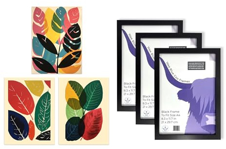 Artery8 Colourful Leaves Wall Art - Set of 3 A4 Sized Art with Black Frames - Abstract Leaf Boho Graphic Acrylic and Watercolour