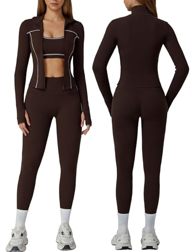 OMEWEE Damen-Workout-Set, kontrastierende Langarmjacke mit Sport-BH und Po-Hebehose, Yoga-Outfits, 3-teiliges Set