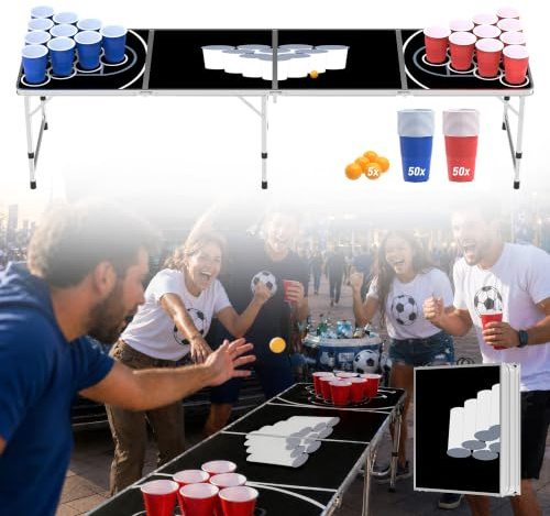 YRHome Klappbarer Bierpong-Tisch Set inkl. Becher & Bälle Praktischer Beer Pong Tisch Höhenverstellbar Partyspiele Table für Erwachsene mit Tragegriffen Trinkspiel Perfekt für Jede Party