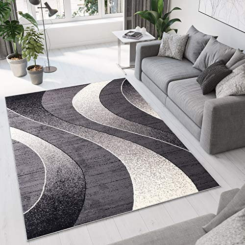 TAPISO Dream Tapis de Salon Chambre Salle à Manger Adulte Bureau Design Moderne Noir Gris Crème Abstrait Motif Ondes Vagues Poil Court Fin Doux Léger Résistant 200 x 300 cm