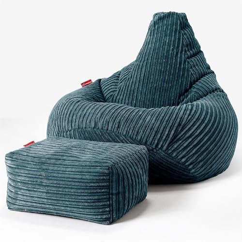 Lounge Pug Cord Highback Bean Bag Chair and Footstool - Gaming Recliner Bean Bags for Adults - Teal Blue