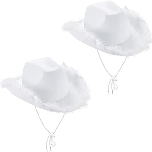 Qtinghua Cowboyhut für Damen, flauschiger Federbesatz, Halloween-Kostüm, Cowgirl-Hut für Cosplay, Kostümparty, Rollenspiel, Geburtstagsparty, Weiß, Weiß, Rosa, Einheitsgröße