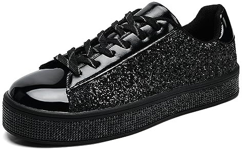UUBARIS Damen-Tennis-Sneaker, glitzernd, neonfarben, glitzernd, Strass, Bling, Hochzeit, Brautschuhe, glänzende Paillettenschuhe, Schwarz Glitter, 38 EU
