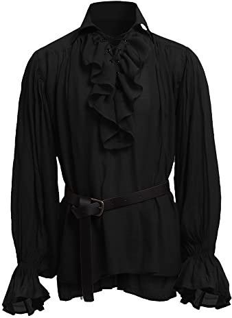 BaronHong Herren Piratenhemd Vampir Renaissance Viktorianisch Steampunk Gothic Rüschen Mittelalter Halloween Kostüm Kleidung(schwarz,2XL)