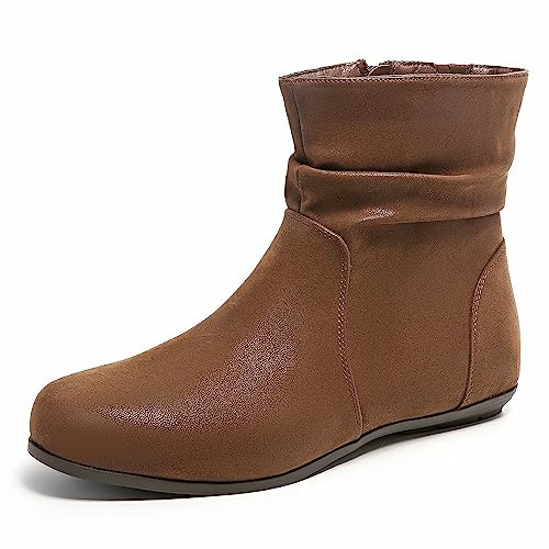 Luoika Women's Wide Width Ankle Booties Flat Heel Classic Winter Boots. 180706 BrownPU 9w