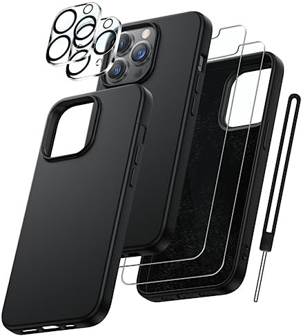 FLLAO 5 in 1 Silikon Handyhülle für iPhone 13 Pro Hülle mit 2 Schutzfolie + 2 Kameraschutz 360 Grad Schutzhülle, Ultra Dünne Microfiber Weichen Case, Kratzfest Rundumschutz iPhone 13 Pro 6.1'' Schwarz