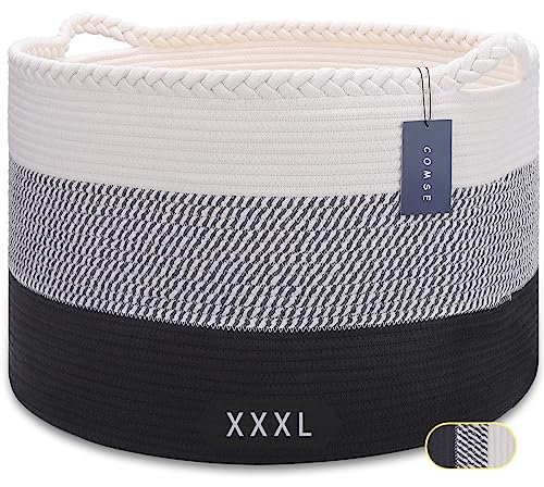COMSE Extra Large Blanket Basket, Woven Laundry Basket, 55 x 35 CM, Nursery Hamper, Cotton Rope Laundry Hamper Living Room for Storage Toys Clothes Towels, White/Gray/Black