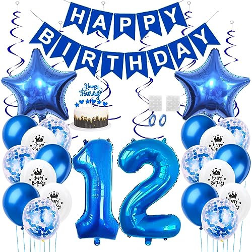 Daimay 12. Geburtstag Dekorationen Blau Geburtstagsdeko Mann Frauen Happy Birthday Banner Konfetti Luftballons Nummer Folienballons Stern Mylar Ballon Tortendeko für 12 Jahre Geburtstagsdeko