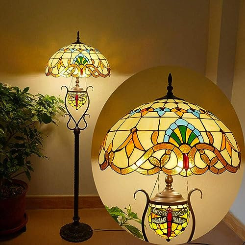 Ø50CM Vintage Tiffany Wohnzimmer Libellen Stehleuchte mit Schalter E27 Schlafzimmer Kunst Barock-Stehlampe Glasmalerei Retro Büro Studie Leselicht Nachtlicht 66 Zoll hoch Standllampe