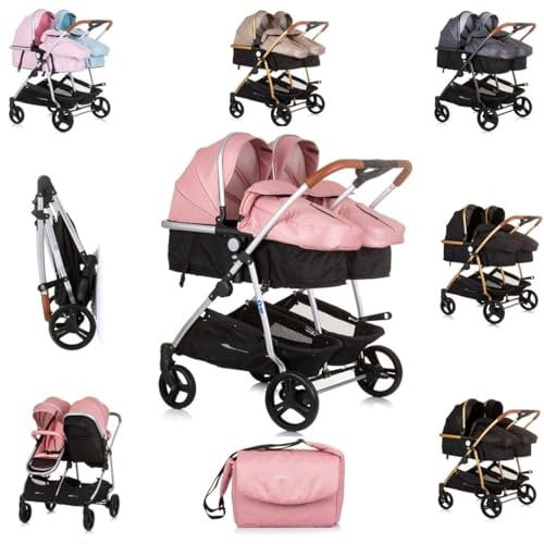 Chipolino poussette pour frères et soeurs Nouveau Twin Duo Smart pliable panier, coloris:rose