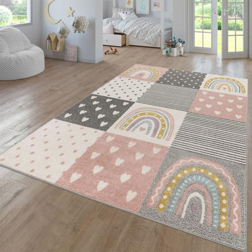 TT Home Teppich Kinderzimmer Kinderzimmerteppich Junge Mädchen Kinderteppich Modern Soft, Farbe:Grau Rosa Creme, Größe:160x220 cm
