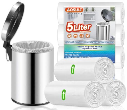 AOSULI Kleine Müllbeutel 5L Müllsäcke 69 Stück Weiß Abfallsäcke für Büro,Badezimmer,Toilette