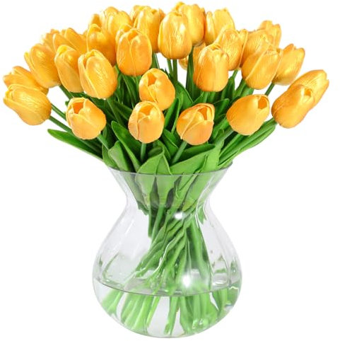 JUSTOYOU 20pcs Real Touch Latex Artificial Tulips Flowers Fake Tulips Gold Flowers Wedding Bouquets for Wedding Home Garden Decoration (gold, 20PCS)