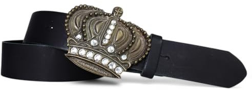 FRONHOFER Trachtengürtel für Damen 4 cm, echt Leder, große Krone messingfarben, Strass, 19169, Größe:Körperumfang 115 cm/Gesamtlänge 130 cm, Farbe:Schwarz