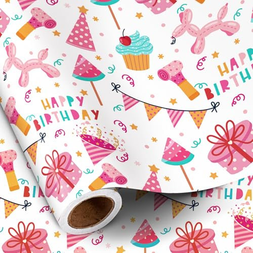 RUSPEPA Geburtstags-Geschenkpapierrolle für Mädchen,rosa Ballonhund, Geschenkbox und Partyhut-Design, Geschenkpapier mit „Happy Birthday“-Schriftzug, Geschenkpapier für Kinderpartys, 43,2 cm x 5 m