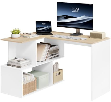 WOLTU Schreibtisch L Form, Eckschreibtisch mit Stauraum, 120x100cm, Bürotisch, Computertisch mit Ablagefächern, PC Tisch, Winkelschreibtisch, Arbeitstisch für Büro Arbeitszimmer, Weiß+Helle Eiche