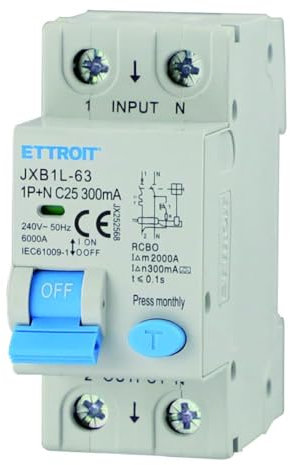 ETTROIT INTERRUTTORE MAGNETOTERMICO DIFFERENZIALE SALVAVITA CLASSE A PER BARRA DIN 2 MODULI 1P+N 300mA 220V-6KA (25 AMPERE)