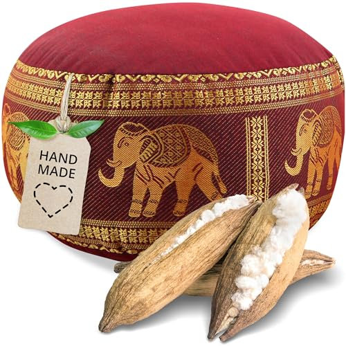 Livasia Meditationskissen Thaiseide - Ø 32x20cm - Yogakissen klein mit Kapok, Pouf, Bodenkissen Yoga Zen Meditation, Sitzkissen Garten Balkon, Zafukissen handgefertigt (Rot/Elefanten Seide)