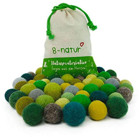 8-Natur „Mix Grün“ Bunte Mischung aus 50 Filzkugeln 2,2cm dick aus Reiner Merinowolle zum Basteln von Girlanden, Baby Mobile und Filzkugelteppich oder einfach nur zur Deko
