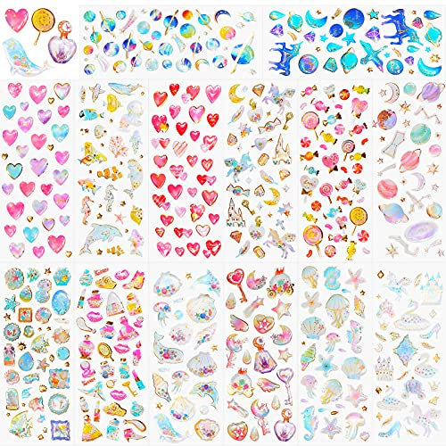 HOWAF 500+ 3D Aufkleber für Kinder Mädchen Basteln DIY Scrapbooking, Epoxid Geschwollen Glitzer Stickers für Papeterie Wasserflasche, Regenbogen Einhorn Herz Planet Star Prinzessin Sterne Tier Sticker
