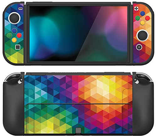 PlayVital ZealProtect Weiche Schutzhülle für Nintendo Switch OLED Konsole Joy Con, Case Hülle Cover Zubehör für Nintendo Switch OLED mit Sticks Kappen & ABXY Richtungstastenkappen(Buntes Dreieck)