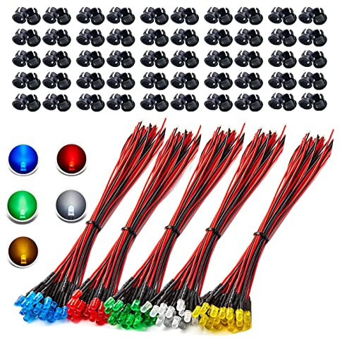 HUAZIZ 100 Stück 5mm Leds mit 20cm Kabel, DC 12V Vorverdrahtetes Licht, Vorverdrahtete LED-Dioden Licht (Rot, Gelb, GRÜN, Weiß, Blau, Jeder 20 Stück) + 100 Stück 5mm LED Montageringe Plastik