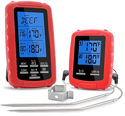 ThreeH Wireless Meat Thermometer for Grilling Smoker BBQ Grill Oven 230 feet Range Cooking Kitchen Food Thermometer Timer Alarm 2 Probes Red