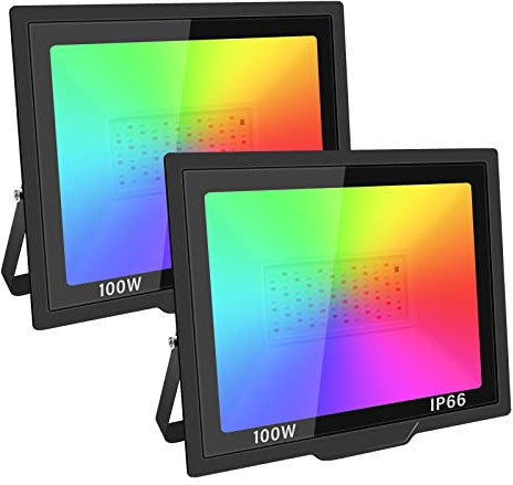 AUXTINGS 2 Stücke RGB LED Strahler 100W Fluter Außen,4 Modi Bunt LED Flutlichtstrahler Mit Fernbedienung, IP66 Außenstrahler Wasserdicht LED Flutlicht,Garten Feiern Bühne Häuser Weihnachten Halloween