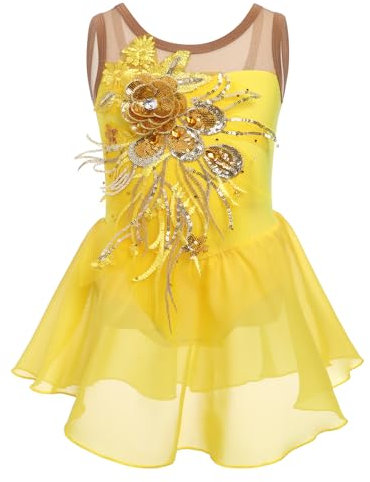 M?dchen Eiskunstlauf Kleid Pailletten Blumen Ballettkleid Chiffon Tanzkleid ?rmellos Turnanzug Gymnastikanzug Kinder Swing Skater Ballettkleidung Tanzkost?m Trikot Einteiler Body Gelb 5-6 Jahre