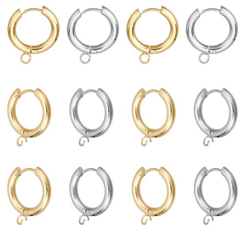 DICOSMETIC 12 Stück 2 Farben Huggie Creolen Mit Öse 24 Karat Vergoldet Runde Ohrringhaken Kleine Goldene Brisur Ohrringe Aus Edelstahl Für Die DIY Schmuckherstellung