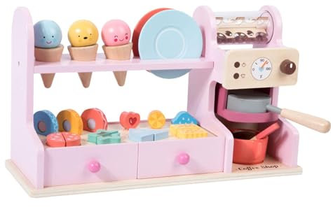 F Fityle Juguete de de Madera 3 en 1, Juego de cafetera y Postre con cafetera, Juego de mostrador de para niñas y niños de 3 a 6 años, Rosa