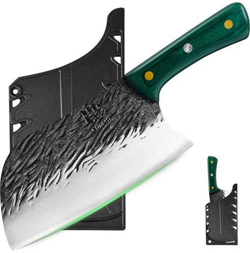 FULLHI Coltello da cuoco manico in legno Tang Butcher Knife con fodero 2pcs, coltello da cucina per esterni, campeggio barbecue (verde, Coltello da cuoco serbo)