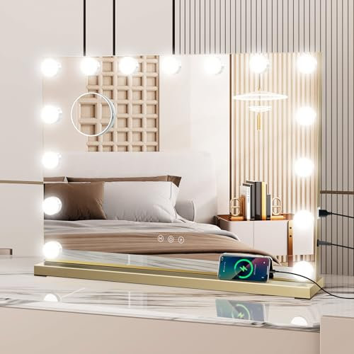 eklipt Schminkspiegel mit Beleuchtung, Hollywood Spiegel mit Beleuchtung Tischspiegel 15 LED Licht 3 Lichtfarben Wandspiegel mit USB 10X Vergrößerung Touch Control Tischplatte & Wandhalterung 58x45cm