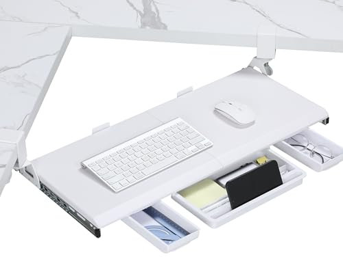 ETHU Under Desk Keyboard Tray with C-Clamp, 68x30cm White Keyboard Shelf for Corner Desks with Soft-Close Sliding & Tool-Free Installation