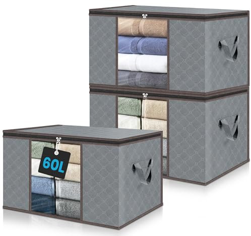 unycos - 3 Stück | 60L Aufbewahrungstasche, Kleideraufbewahrungstaschen, Vliesstoff mit Transparentem Fenster 55x35x32cm, Unterbett-Organizer für Bettdecken, Handtücher, Kissen (Grau/Kaffee)