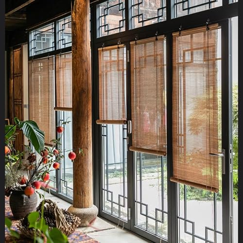 kefu01 Tenda a Rullo in bambù,Cortina di bambù,Tapparella Avvolgibile bambù Protezione della Privacy,Tapparella Carrucola Sollevabili,Tende Oscuranti Traspiranti,per Sala da tè (W125xH230cm/W49 xH91)