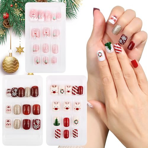 3 Boîte 72pcs Faux Ongles Court Noël en ABS Nail Ongles Rouge Artificiel Capsule Couverture Complète avec Colle de Gelée Sapin Bonhomme de Neige Décoration DIY Manucure Noël pour Femme Filles
