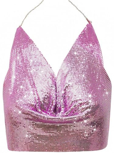 Canottiera sexy da discoteca con paillettes metallizzate glitterate e strass Halter Vest Backless Crop Deep V Canotte Top a catena, Rosa-1, S
