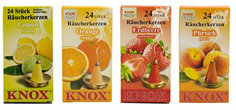 Knox Räucherkerzen 4er Set - Früchte - Düfte: Lemon, Orange, Erdbeere, Pfirsisch - Menge: 96 - Made in Germany