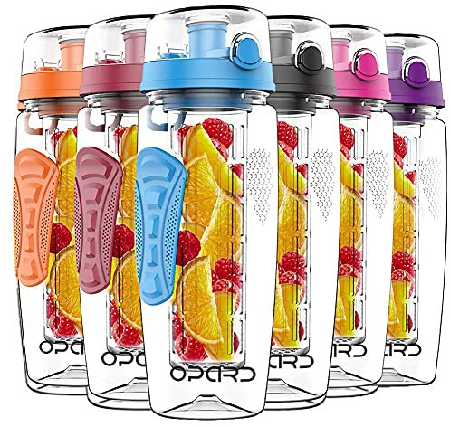 Trinkflasche 1L mit Früchtebehälter Opard Trinkflasche Tritan BPA-frei Wasserflasche 1L mit Reinigungsbürste, Rezept Sports Water Bottle für Büro, Yoga, Sport, Outdoor